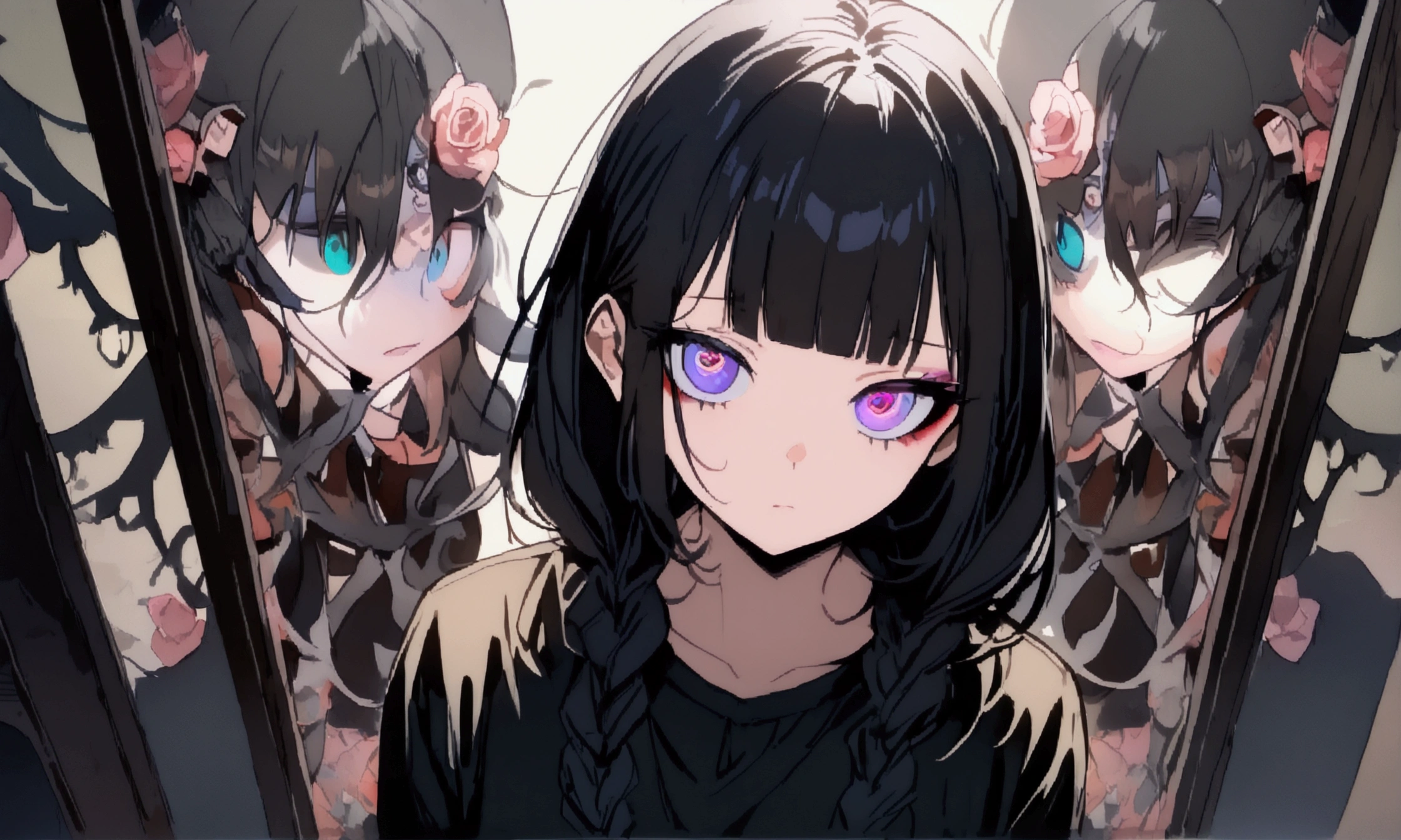 Sidelong glance、Lewd Eyes、Scornful Eyes、front、super fine illustration,(((beautiful fine hair))),(((beautiful fine face))),(((beautiful fine background)))、Bobcut、Black Hair、Blunt Bangs、PC in the room、Horizontal composition、Step Piece、Highest quality、Best illustration、Super detailed、girl、Pink Rose Long Hair、Black Shirt、Pleated skirt、Side braided hair、crazy、standing with an eerie feeling、Ruined Background、Unusual sneakers、Eyeshadow on eyes、Unusual eye color、Eyes of Terror、Bright eyes、Cool Shot