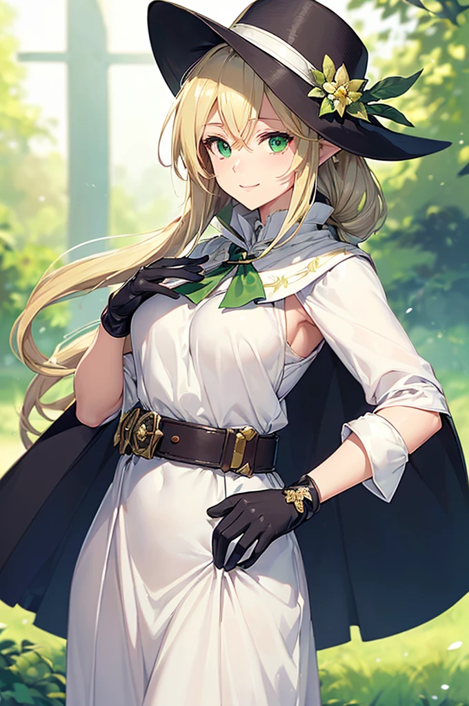 (((masterpiece; best quality: 1.2))), (finely detailed eyes: 1.3), (25 year old elf woman), (solo), (green eyes: 1.4), (body; buxom, fit, femenine: 1.3), (silky blonde hair in low ponytail: 1.3), (beautiful and clear background: 1.2), ((depth of field)), (equipment: adventurer attire + modest + elegant wide-brimmed hat + white blouse + dark cape + black long skirt + gloves + belt + pouches: 1.3), (anime illustration: 1.2), (background composition; royal garden: 1.1), (extremely fine and beautiful: 1.1), (shot composition; standing + centered on torso + close-up: 1.5), (expression; calm, smile: 1.2)