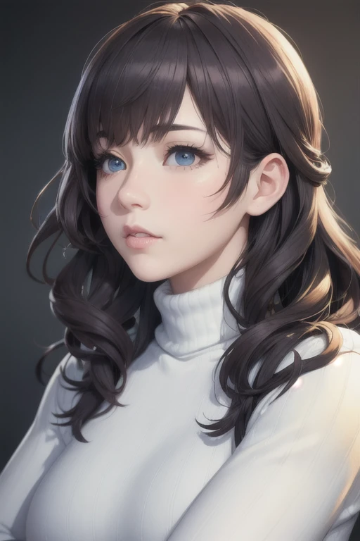 girl,Character design sheet,Beautiful attention to detail,Beautiful lip detail,Very detailed目と顔,Long eyelashes,Realistic,photoRealistic:1.37,Very detailed,Professional,Vibrant colors,Portraiture,Studio Lighting,Sharp focus,Physically Based Rendering,High resolution,超High resolution. blue eyes,Big eyes， Long Hair，Curly hair、Black Hair，Red cheeks，Droopy eyes，slender，Long sleeves，White turtleneck，pants，profile