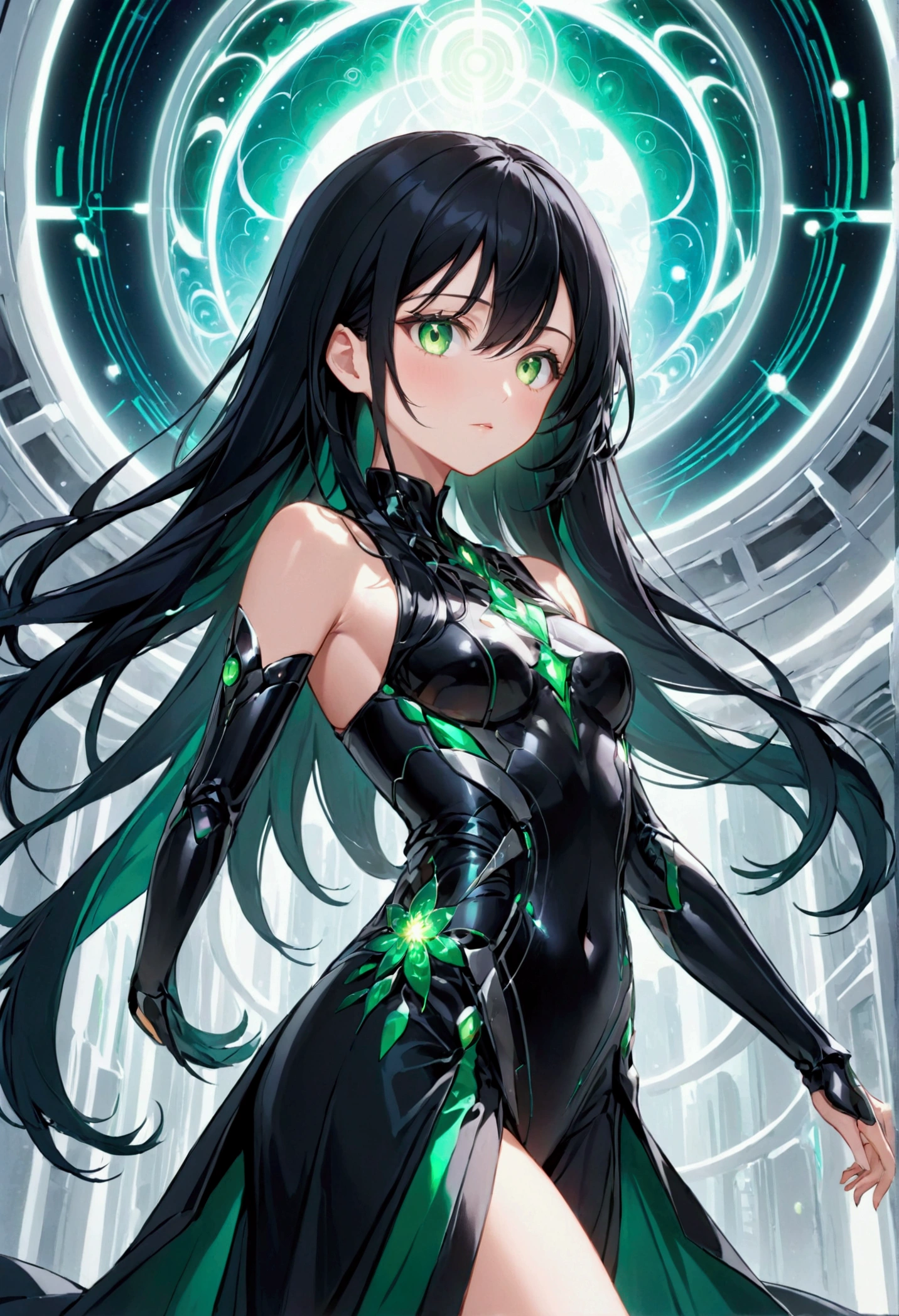 Anime girl, Long black hair, green eyes,aesthetic body,in her 18.