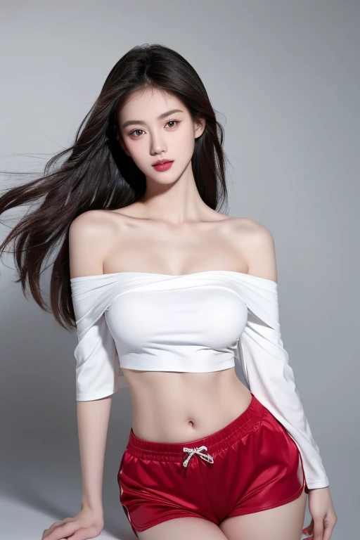 (realistic,high resolution:1.3), skinny girl, Their facial features and eyes are very delicate.,black hair,red glossy lips,(Beautiful face), (best quality), (Superb details), (A collection of 8k CG wallpapers that are very detailed.),((Tight off-the-shoulder shirt)),(white background),(rift),Look sexy,Big eyes,(stand),(Slim waistline),teardrop-shaped breasts,soft breasts,The breasts are very realistic.,Character is central,underwear sash,shorts,sexy pose