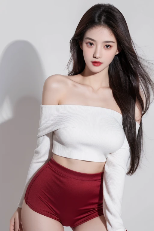 （realistic,high resolution：1.3）， skinny girl， Their facial features and eyes are very delicate.,black hair,red glossy lips,(Beautiful face), (best quality), (Superb details), (A collection of 8k CG wallpapers that are very detailed.),((Tight off-the-shoulder shirt)),(white background),(rift),Look sexy,Big eyes,(stand),(Slim waistline),teardrop-shaped breasts,soft breasts,The breasts are very realistic.,Character is central,underwear sash,shorts,sexy pose