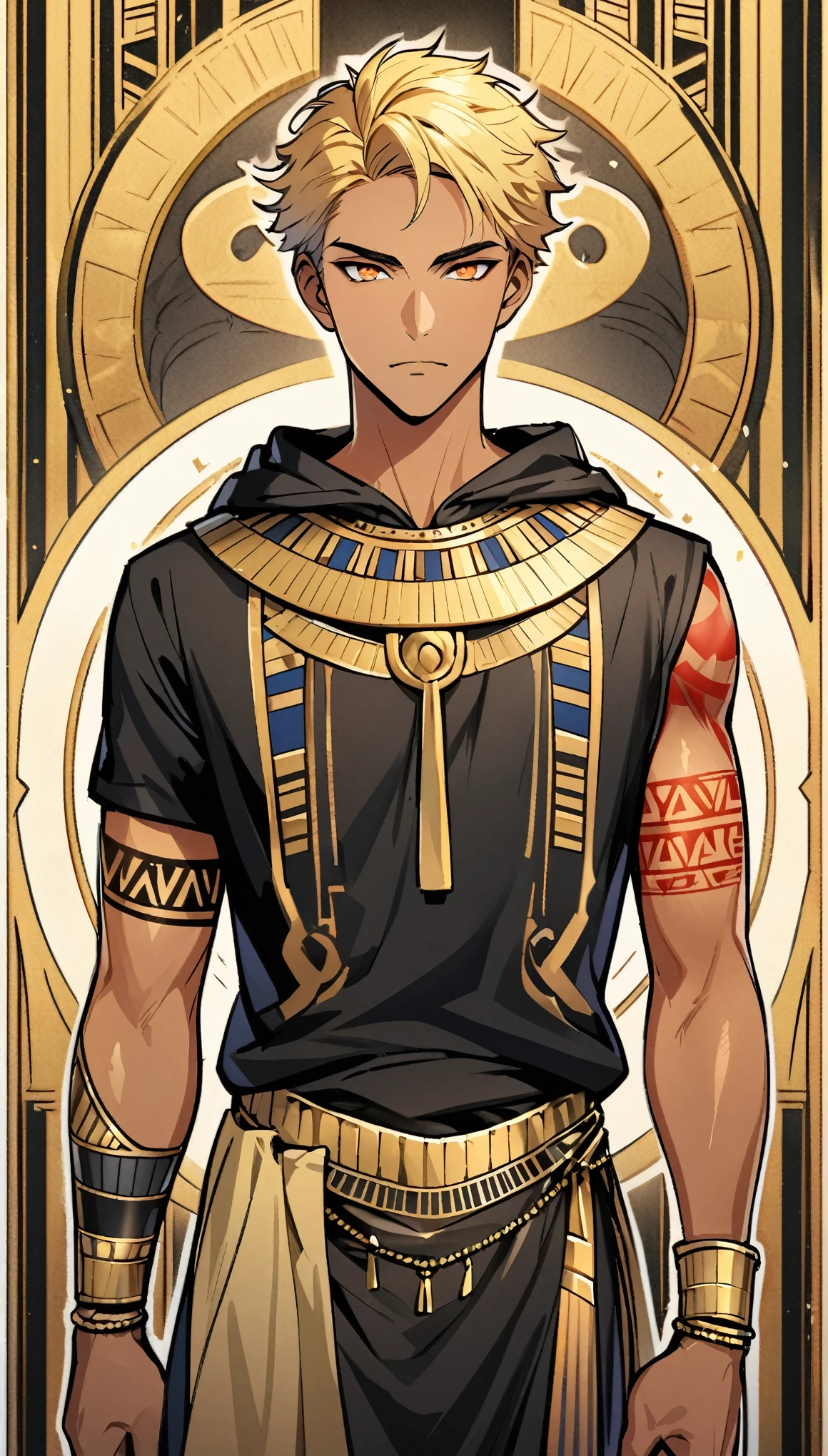 Egyptian Background,Handsome young man, blond, Orange Eyes, short hair, Black Hoodie,high quality, Draw Amount, pixiv illustrations,Tanned skin,Red tattoo on the arm,(Egyptian style,Egyptian Dress Up)