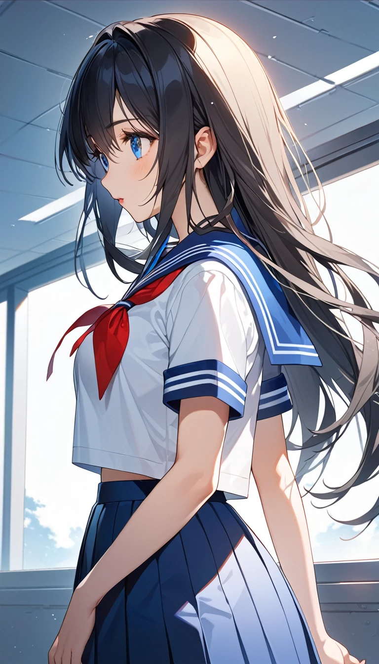 (Highest quality illustration:1.2), (cute girl:1.1), (1 girl、17 years old, (1 girl、Kind eyes、blue eyes:1.2)、Black Hair、Semi-long hair、(Highest quality、Very detailed、cute、Ultra-high resolution) 、High School Uniform{Sailor suit、Red neckerchief、Short sleeve、Pleated skirt)、Large Breasts、Stylish, from side, whole body