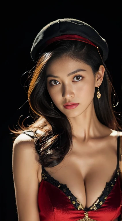 A stable spread signal for a given topic would be as follows.:
"(best quality,4K,8ก,High resolution,Masterpiece:1.2), Very detailed, (realistic,realistic,Realistic photos:1.37), (..CGI:1.1), velvet, Good size chest with cleavage., sculpture, Red Hat, exposed midriff, star crown, Roll armband, lips, avoid staring, close up, Turn your head., with black background"