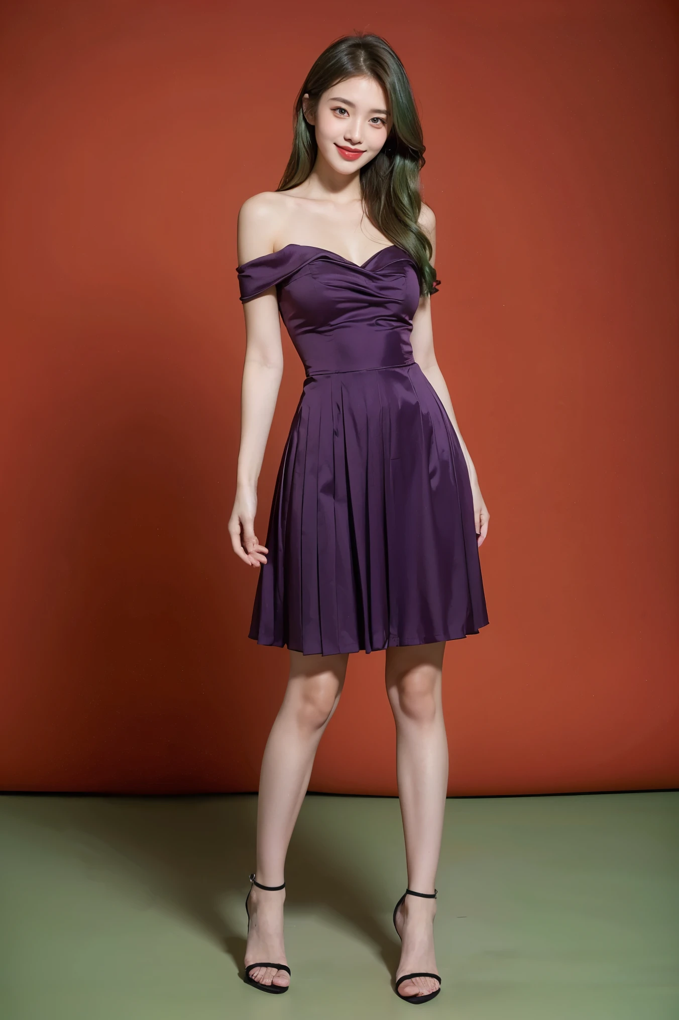 21yo girl, green hair, red background, full body and smile at camera, purple dress pleated top shirt hot girl short fungal dress
