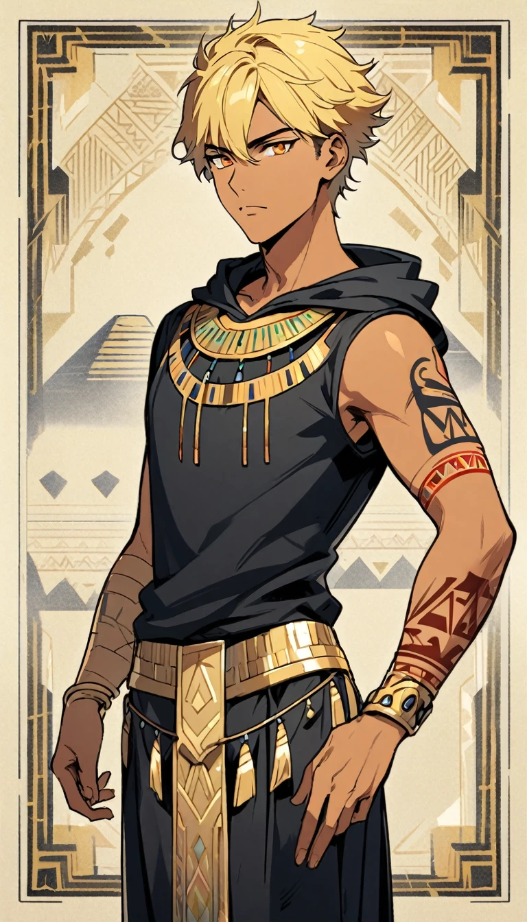 Egyptian Background，Handsome young man, blond, Orange Eyes, short hair, Black Hoodie,high quality, Draw Amount, pixiv illustrations，Tanned skin，Red tattoo on the arm，(Egyptian style，Egyptian Dress Up)