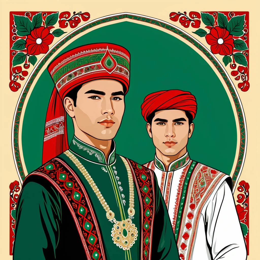 man in turkmenistan folk outfit, vector graphics, strong contours
