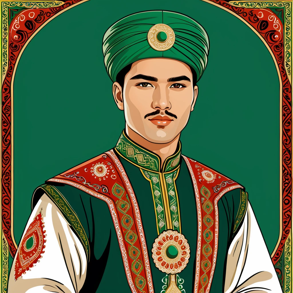 man in turkmenistan folk outfit, vector graphics, strong contours
