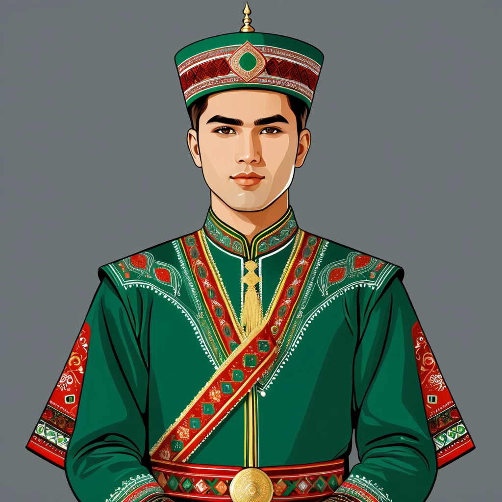 man in turkmenistan folk outfit, vector graphics, strong contours
