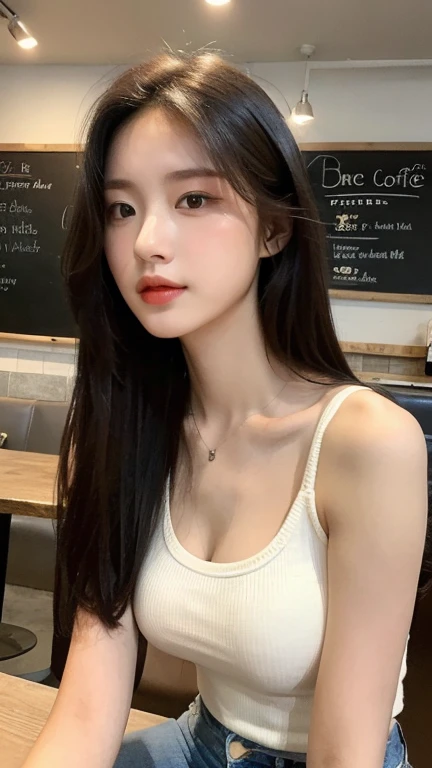 (realistic, high resolution:1.3), 1 girl with a perfect figure, Very detailed face and eyes, long hair, tank top: 1.2 random colors, short jeans, in the coffee shop, Coffee on the table, big breasts, The rift revealed