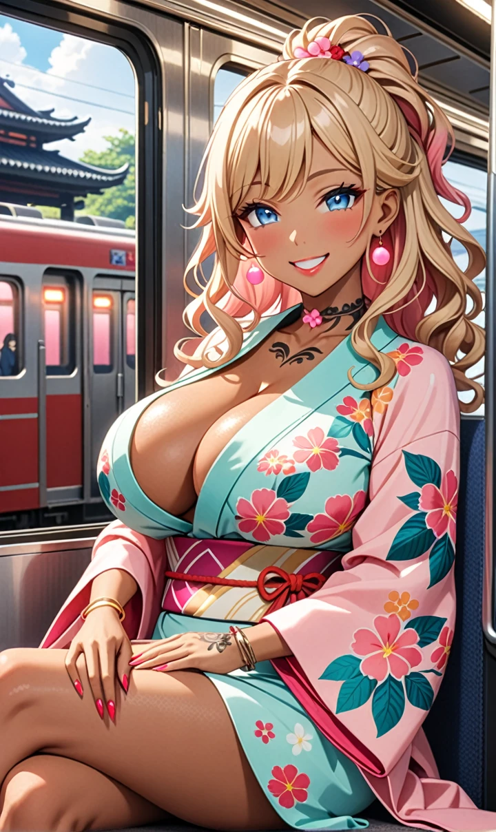 ultra-detailed, ((one girl)),  (tan skin:1.4), in pastel colors gyaru, (heavy makeup), (professional lighting) hyper detailed, absurdres, 8k, Beautiful Face, (Laugh shyly), ((teasing smile:1.6)), ((happy smile:1.5)),  ((Wink:1.6)), (Laugh with your mouth wide open),((Tilt your face:1.6)), View your viewers, ((Bright red cheeks:1.6)), Glossy shocking pink lips, ((huge breasts:1.6)),  ((undressing)),((Her tattoo peeked through her kimono)), noon, summer, on the train, Anime style background)),masterpiece, Highest quality, (Brighten your face), so beautiful,Latest, Complex details, ((fluorescent pink long nail:1.2)), (ring),((bracelet)), ((Floral choker)),AI-generated, Complex,High resolution, Highest quality, super high quality,3D Images、3D Images,One person, Blonde long hair ,(High Ponytail), (wavy hair:1.4), Anime woman posing for a photo, ((Fine grain、blue eyes、glowing eyes:1.3)), (Squint your eyes:1.1),a hyperRealistic , hyperRealistic , Realistic,Long blonde anime woman, Smooth anime CG art, A girl in a gorgeous pastel-colored kimono, ((Pastel-colored furisode)),(Pink large floral pattern),  (sideboob), Long flower hair ornament,Big earrings, Mature Body, tall,Narrow waist, (portrait), from below,  (Sit in your seat), (Crossing your legs:1.2), 