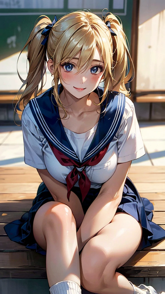 (masterpiece:1.3, Highest quality, Ultra-high resolution, Very detailed), (Realistic, photoRealistic:1.4), Beautiful illustrations, Perfect lighting, Natural light, colorful, Written boundary depth, NFSW,
View your viewers, 1 Girl, Japanese, high school girl, Perfect Face, Cute and symmetrical face, Shiny skin, Sunburned skin,
(Twin tails:1.5, Blonde), Hair between the eyes, blue eyes, (Large Breasts, seductive Thighs, Big Ass), Thighs, sum,
Beautiful Hair, Beautiful Face, Beautiful attention to detail, Beautiful clavicle, Beautiful body, Beautiful breasts, 美しいThighs, Beautiful feet, Beautiful fingers,
(Beautiful views), (Pose to open legs), (Captivating smile,), (School uniform),(loose socks)