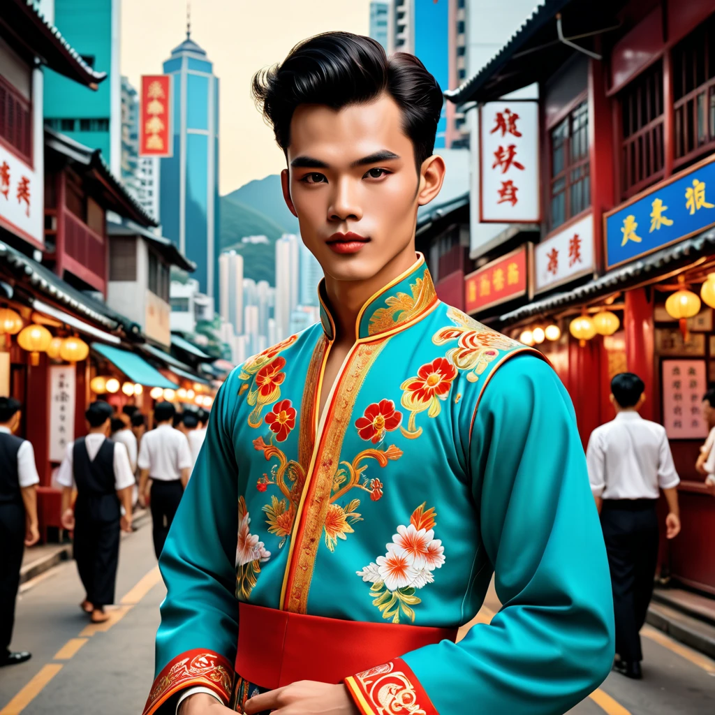 man in hong kong folk outfit, vector graphics, strong contours, style of James Bidgood