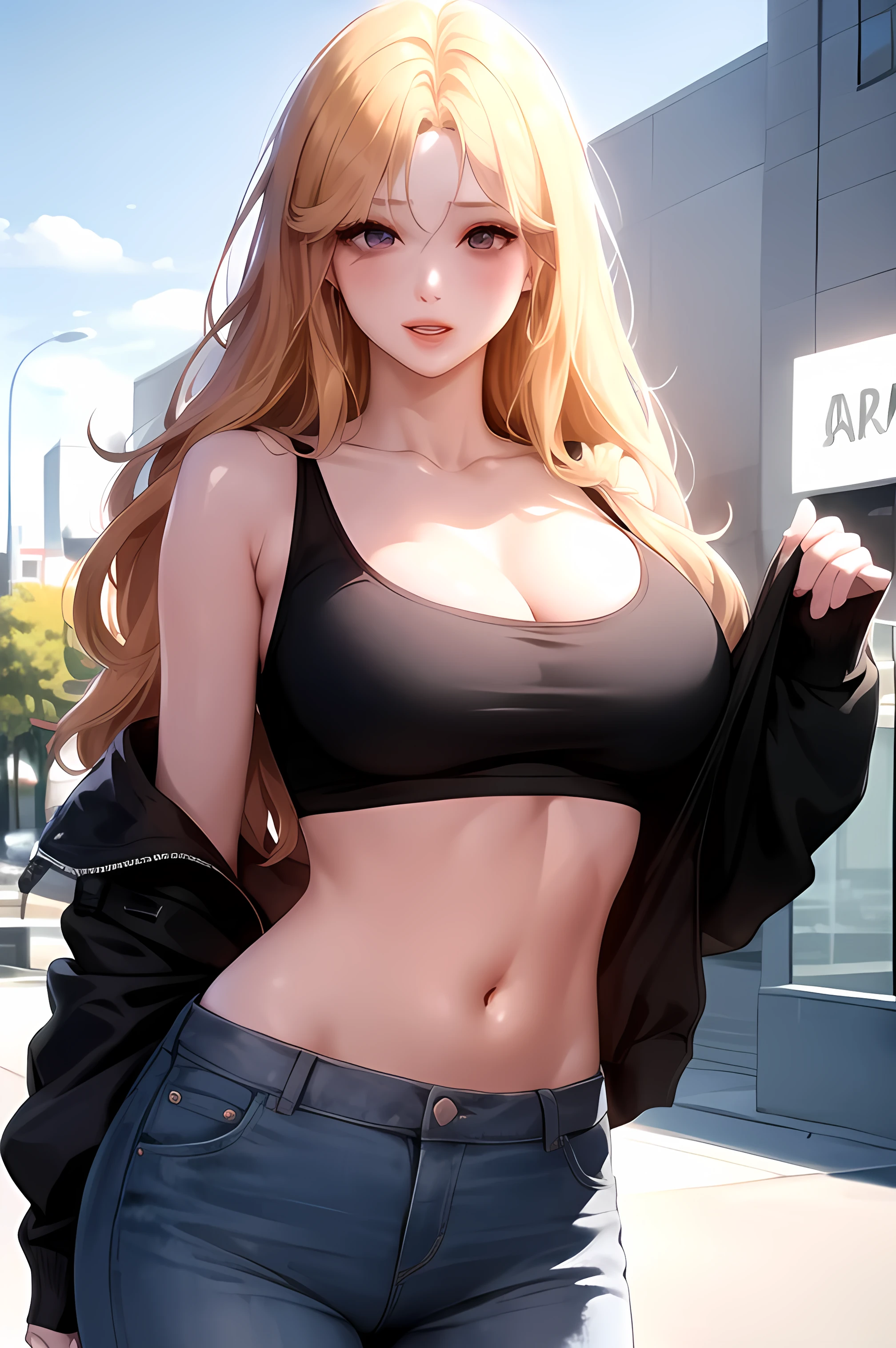 score_9, score_8_up, score_7_up, score_6_up, score_5_up, score_4_up, mature woman, bada, 1girl, solo, blonde hair, large breast, purple eyes, pink lipstick, long hair, blush, hetero, 1girl, solo, long_hair, midriff, skirt, crop_top, jewelry, lips, earrings, looking_at_viewer, standing, front shot, Cowboyshot