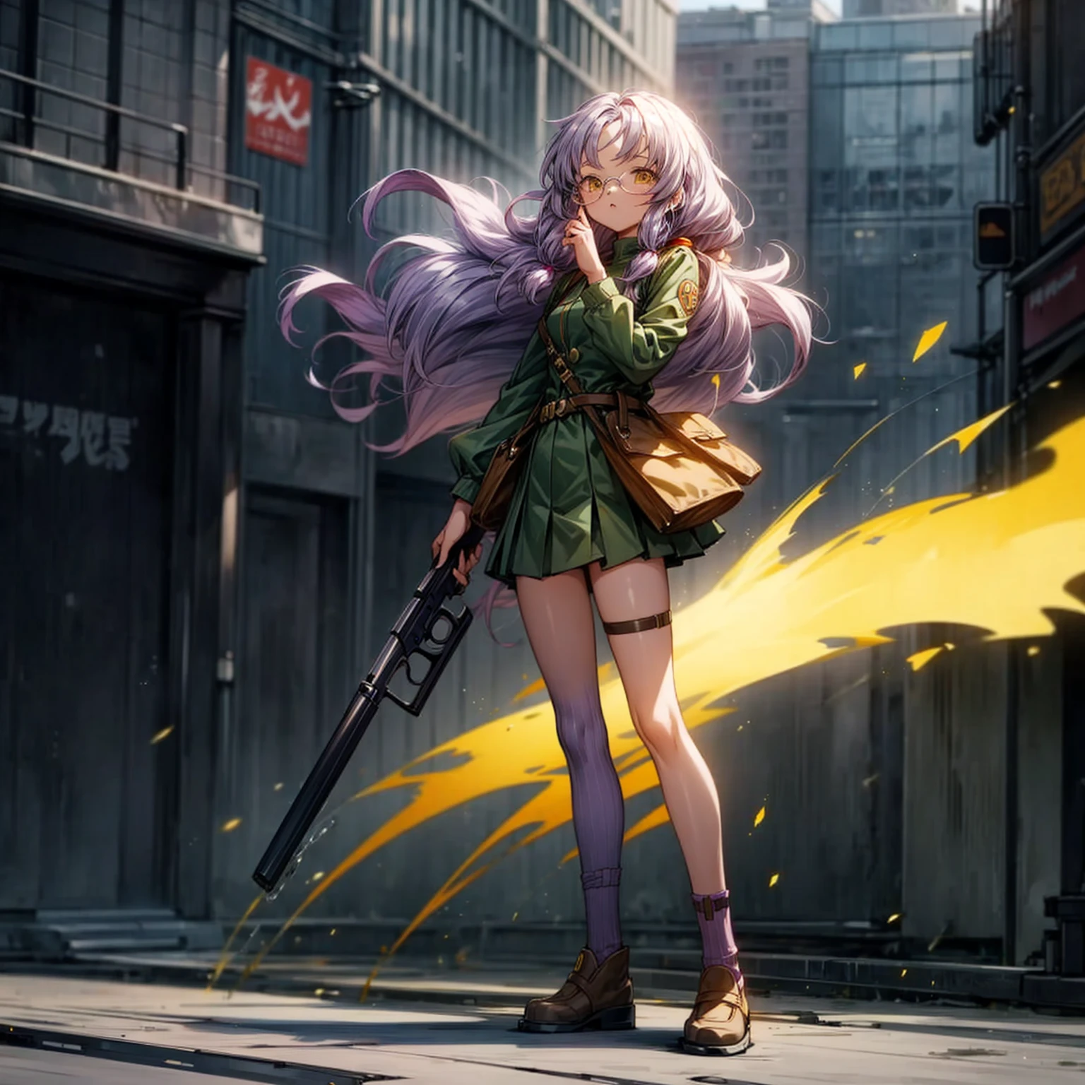 1girl, Full body version, 1character, gold eyes, long Curly haircut, lavender color hair, army style clothing, white glasses, Long socks, Grassroots, background in city street, motion blur, (dragon ball style art), Gesture standing, shotgun in hand