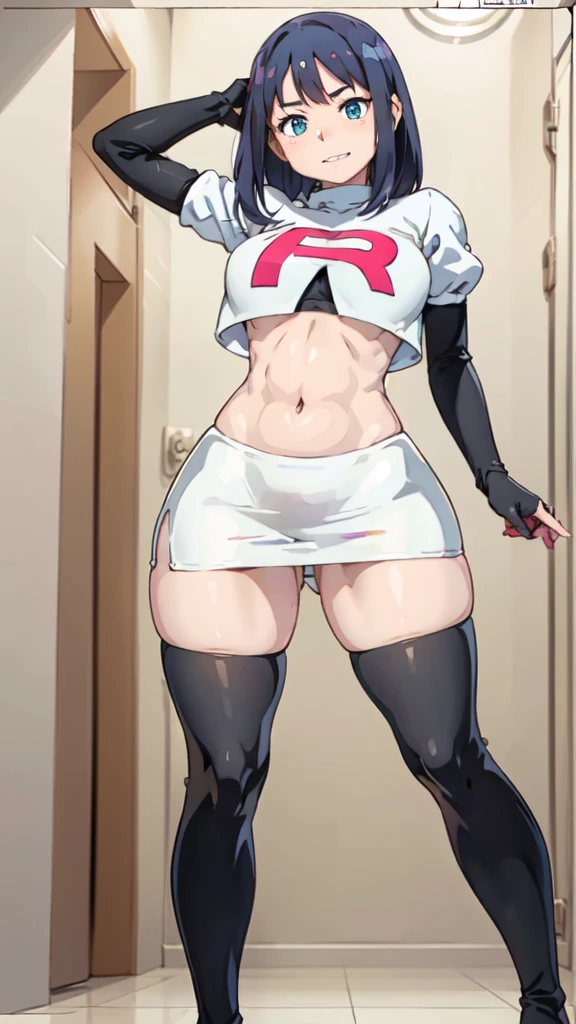 (Trading card style:1.3), masterpiece,Highest quality,High resolution,Anime Style,(1 high school girl:1.2), The clothes are thick enough not to be see-through, (((Team Rocket uniform), Short skirt), (Black Patent Leather Gloves), Black patent leather boots, Black panties),(Smiling and showing teeth:1.3),(Hair color is pale light blue, Long straight hair:1.3), (Panty shot, View from below the subject:1.0), (Clothes that look good:1.1), (Blank Background:1.3), (The subject steps on the viewer:1.3)