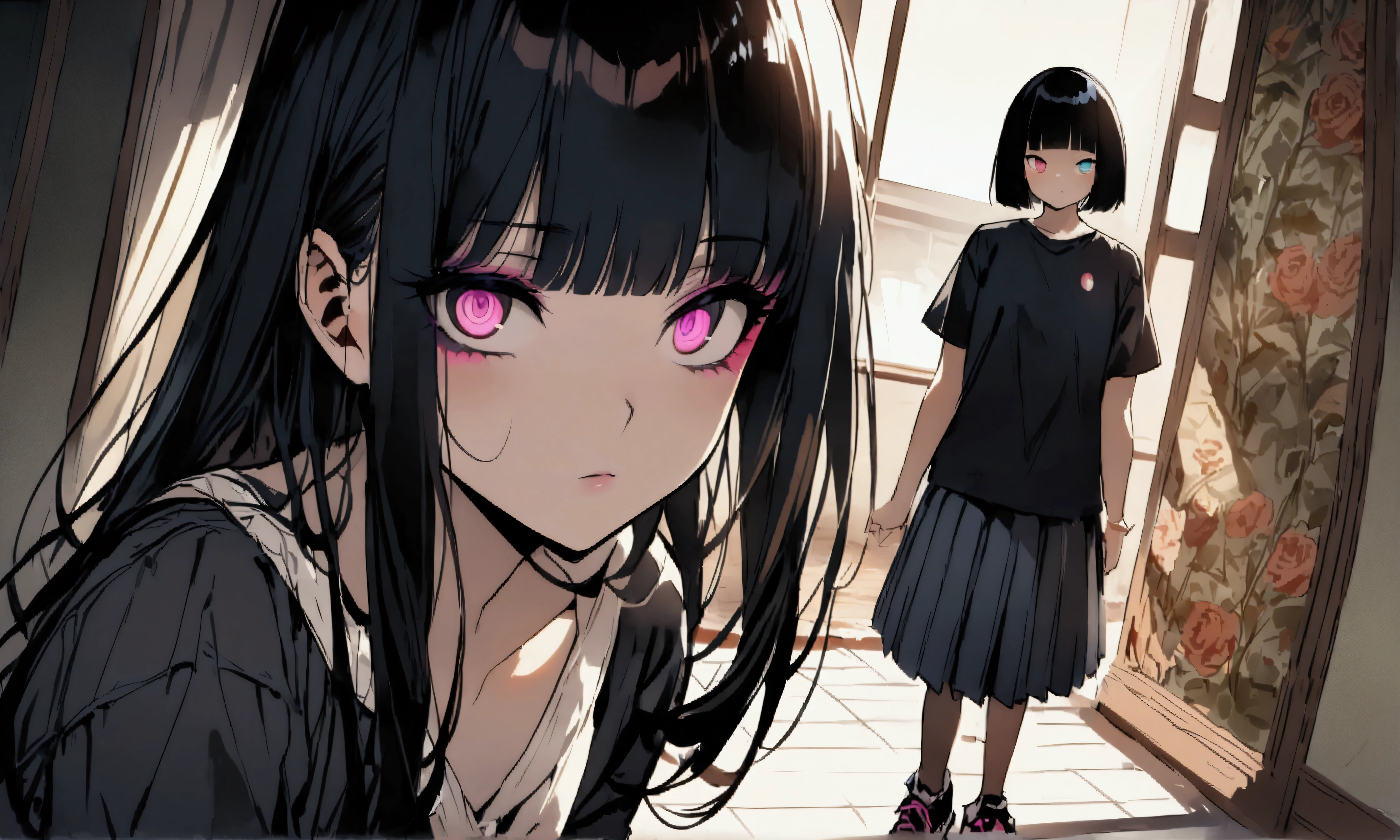 face down、Lewd Eyes、Scornful Eyes、front、super fine illustration,(((beautiful fine hair))),(((beautiful fine face))),(((beautiful fine background))),、Bobcut、Black Hair、Blunt Bangs、PC in the room、Horizontal composition、Step Piece、Highest quality、Best illustration、Super detailed、girl、Pink Rose Long Hair、Black Shirt、Pleated skirt、Side braided hair、crazy、standing with an eerie feeling、Ruined Background、Unusual sneakers、Eyeshadow on eyes、Unusual eye color、Eyes of Terror、Bright eyes、Cool Shot
