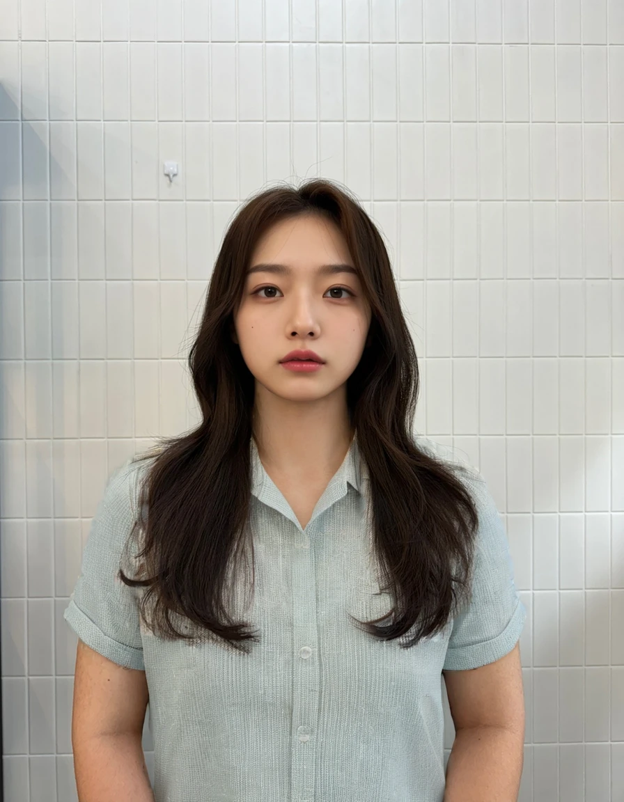 Best Quality, 8k, Masterpiece, (Portrait: 1.3), (photo realistic:1.4), (hyper realistic:1.4), Sharp Focus, looking at viewer, (smoother lighting:1.1), (increase cinematic lighting quality:0.9), realistic lighting, backlighting, light on face, ray trace, (brightening light:1.2), (Increase quality:1.4), sharp detail, (best quality real texture skin:1.4), finely detailed eyes, black_eyes, finely detailed face, 25 year old Korean woman, (white collared_shirt:1.4), (Create an image maintaining the original base model hairstyle:1.5)