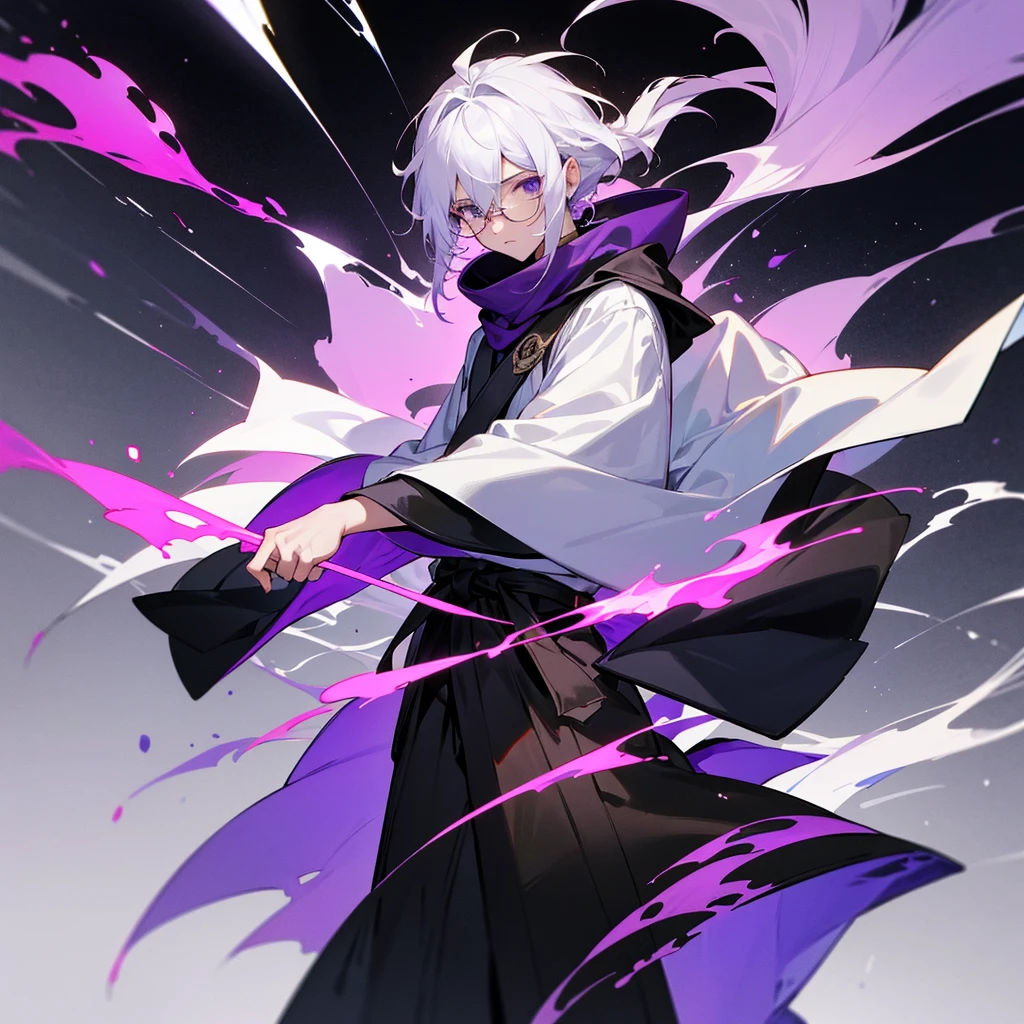 Shawm - 21 years old young man, which was destined for a greater doings. Shawm is a young man, around 21 years old, a sorcerer which is quite skilled in the magic of cursed purple flames. He's short, well built. Usually calm face shows no sign of emotion, and his half-closed emotionless blank black eyes only consolidate that fact. Tousled white hair with a slight purple colour in it's roots brushed behind, with a small bunch 
of it sticking up before his eyes. Usually he's dressed in a black shirt with white haori above it, white hakama and black runners. On the neck he wears black long scarf with two tips waving behind his back, and on the waist usually wrapped his black and white coloured jacket, wrapped by its sleeves around his body. On Shawm's shoulder usually should be seen a small chibi cat with glasses on - it's his spiritual animal, which helps him use his powers of cursed purple dark flames.