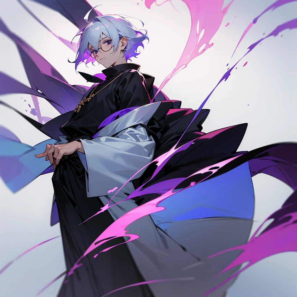 Shawm - 21 years old young man, which was destined for a greater doings. Shawm is a young man, around 21 years old, a sorcerer which is quite skilled in the magic of cursed purple flames. He's short, well built. Usually calm face shows no sign of emotion, and his half-closed emotionless blank black eyes only consolidate that fact. Tousled white hair with a slight purple colour in it's roots brushed behind, with a small bunch
of it sticking up before his eyes. Usually he's dressed in a black shirt with white haori above it, white hakama and black runners. On the neck he wears black long scarf with two tips waving behind his back, and on the waist usually wrapped his black and white coloured jacket, wrapped by its sleeves around his body. On Shawm's shoulder usually should be seen a small chibi cat with glasses on - it's his spiritual animal, which helps him use his powers of cursed purple dark flames.