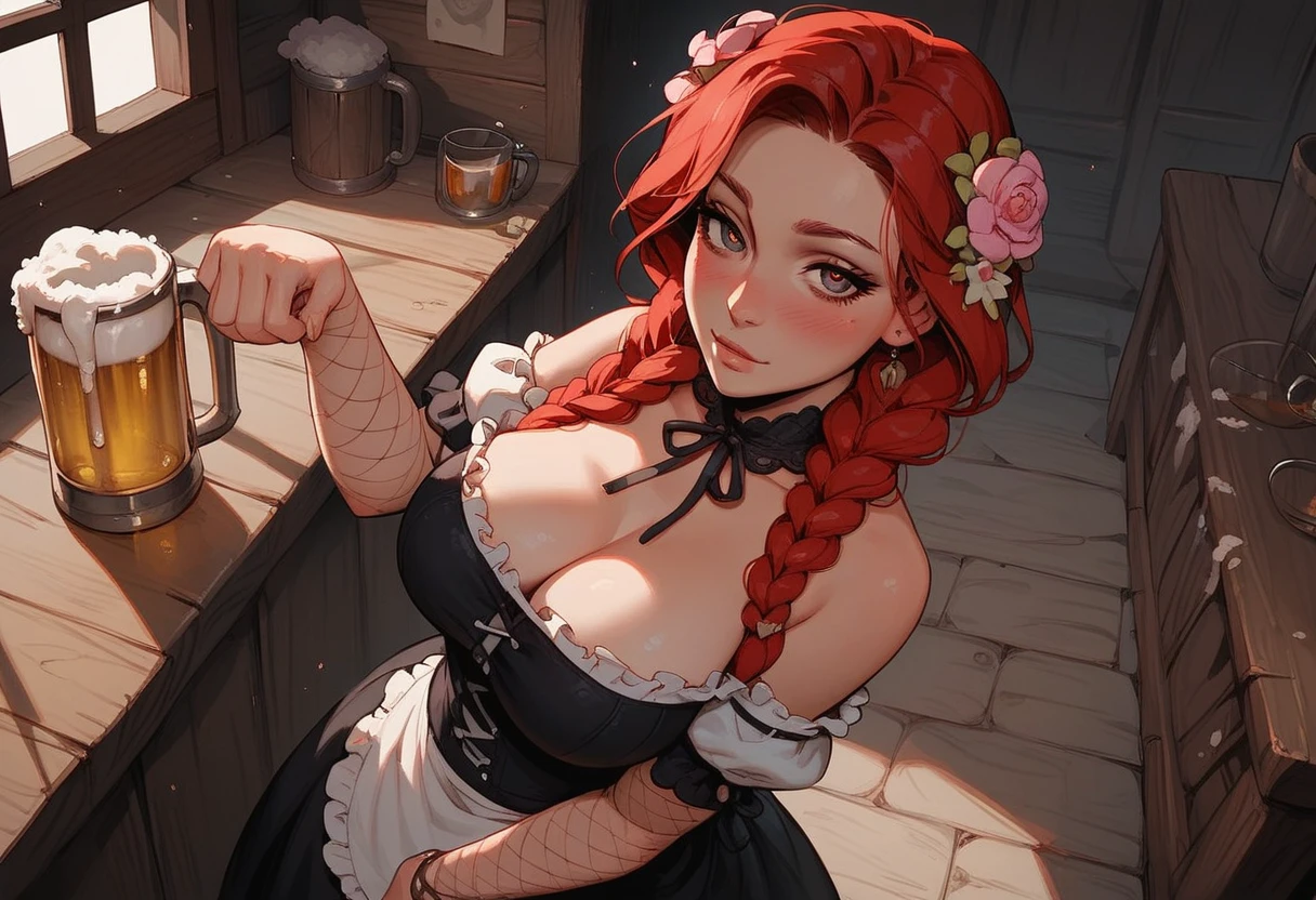 score_9, score_8_up, score_7_up, 1girl, (solo:1.1), from above, tavern wench, standing, bare shoulders, red hair, braids, large breasts, flower hair, barmaid dress, cute, beautiful eyes, blush, fishnets, sexy pose, looking at viewer, indoor, beer mugs, beer foam, expressiveh 3mpr3ss3