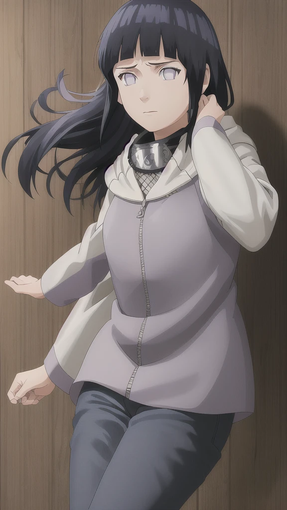 masterpiece, absurdres, 1girl, hinata\(shippuden\), solo,hooded jacket, fishnets, headband around neck, looking at viewer, floating hair, wind, blue pants,