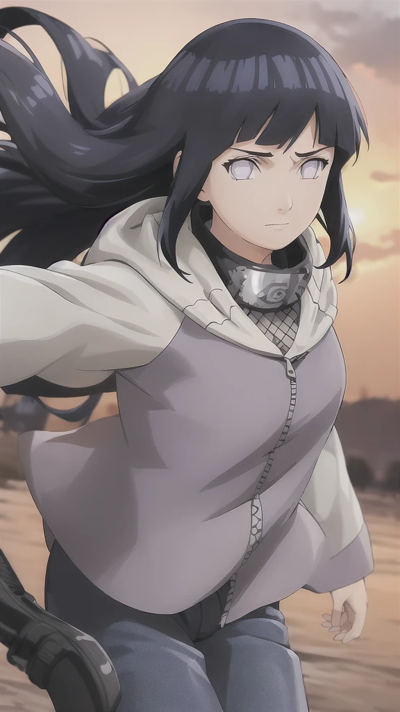 masterpiece, absurdres, 1girl, hinata\(shippuden\), solo,hooded jacket, fishnets, headband around neck, looking at viewer, floating hair, wind, blue pants,