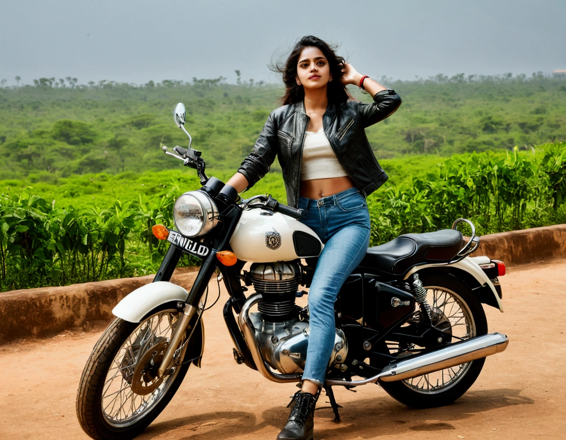 Girl posing near royal Enfield (aesthetic) and wearing helmate with bikers cloth in Chennai with beautiful scenery background