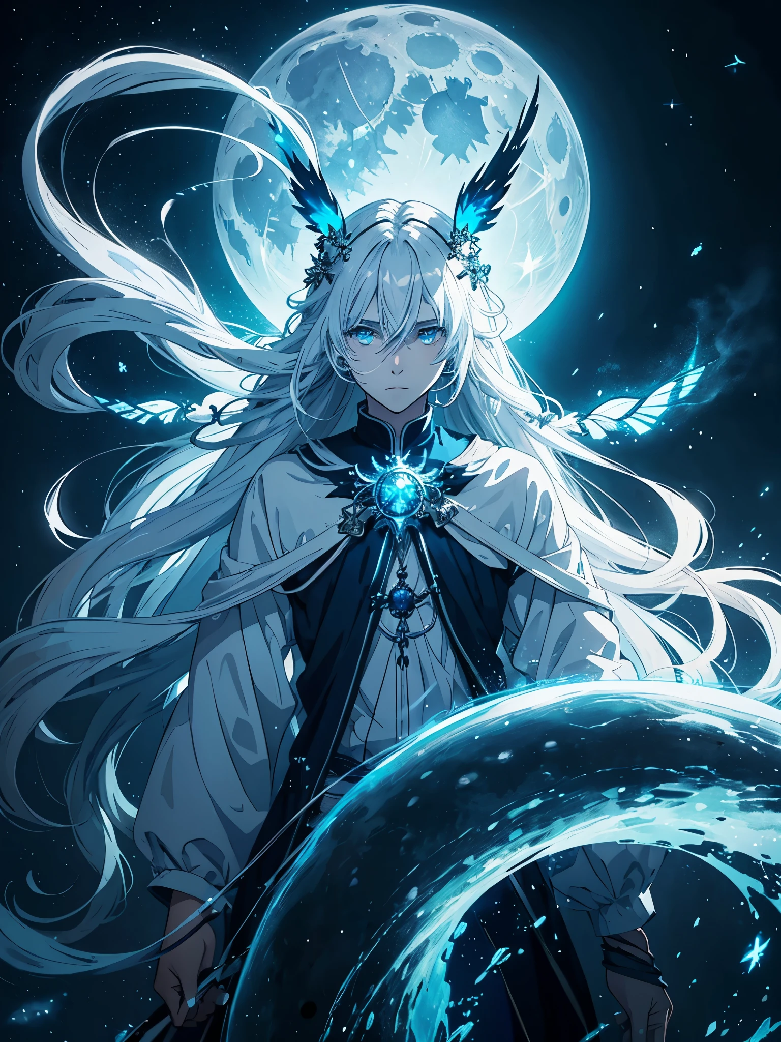Mehr anime. Mehr 2D. Glow. With blue moth. White crows. Ghosts. lights. magical. Power animals. Spirit. King of the moon. Long hair. long white hair. aquatic, boy, silver hair accessories, White hair, blue flowers. Blue lights. full moon. holy.
