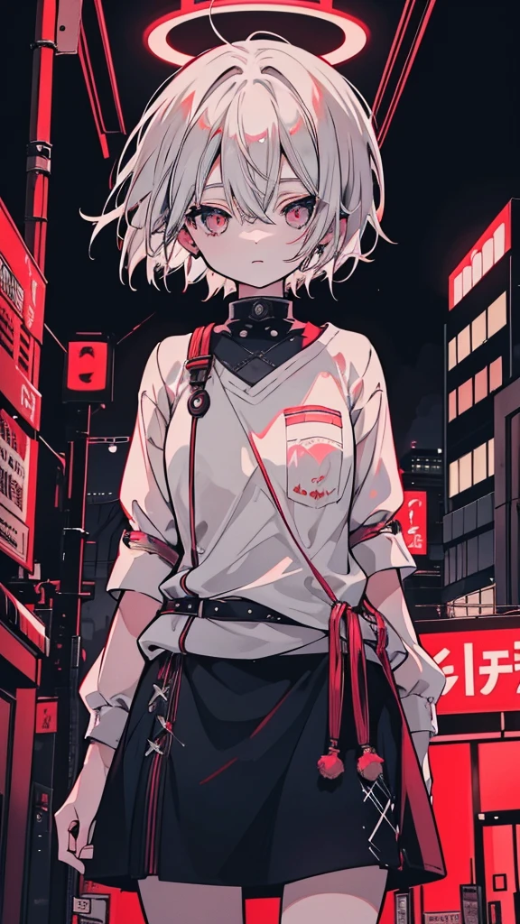 a picture of a women 25 years old short white hair standing in front of a red light, happy face, Candid Photography, Gray-haired deity, dynamic poses, Gray-haired girl, Crushing Despair, Flowing white hair, short Hair Anime Girl, perfect Gray-haired girl,