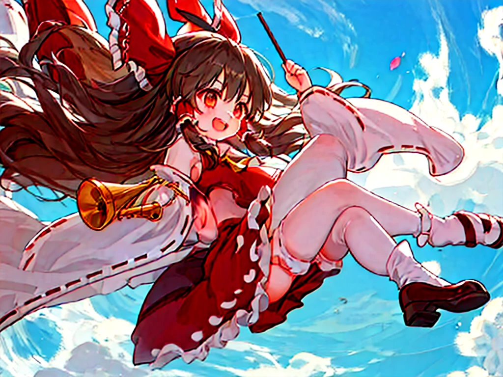 two cute girl,reimu,marisa,reimu is playing piano,marisa is holding trumpet,smile,fine sky, 