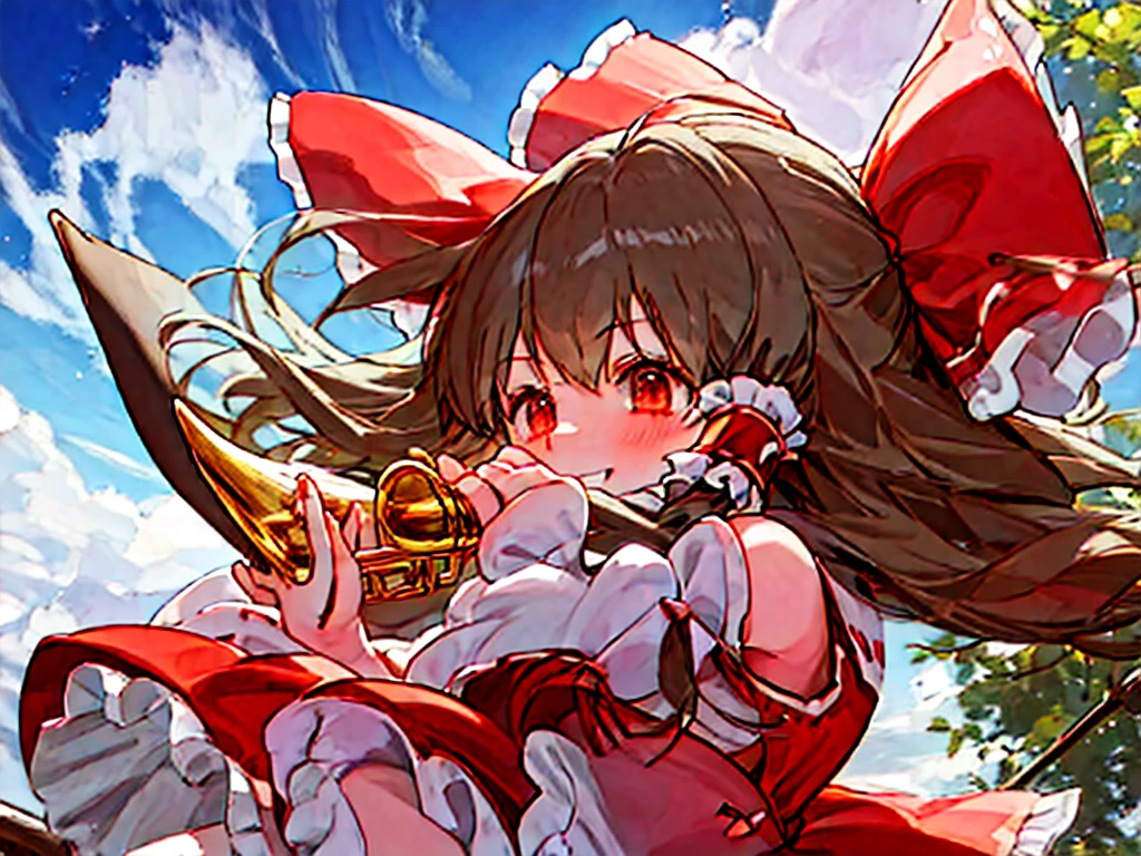 two cute girl,reimu,marisa,reimu is playing piano,marisa is holding trumpet,smile,fine sky, 