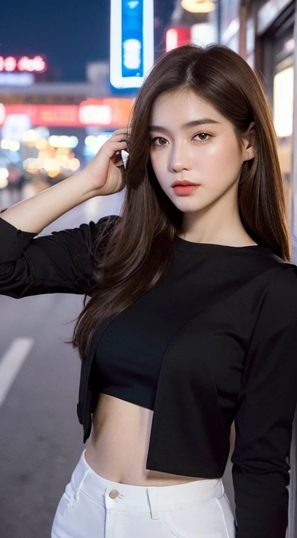 (realistic light, best quality, 8ก, Masterpiece: 1.3)), Point of interest: 1.2, 1 girl, perfect beauty: 1.4, Slim stomach: 1.1, ((dark brown hair)), (Black cropped shirt: 1.4), (outdoor, nighttime: 1.1), china town road, Very smooth face, good eyes, Double eyelids, white shorts, big breasts,