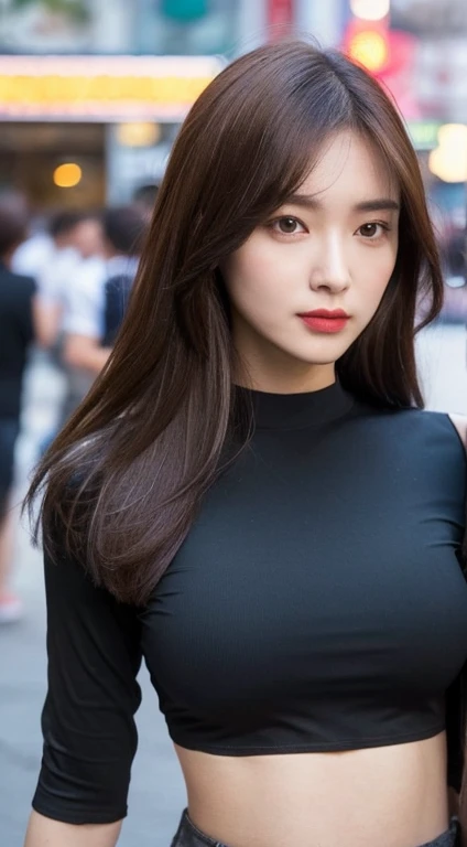 (realistic light, best quality, 8ก, Masterpiece: 1.3)), Point of interest: 1.2, 1 girl, perfect beauty: 1.4, Slim stomach: 1.1, ((dark brown hair)), (Black cropped shirt: 1.4), (outdoor, nighttime: 1.1), china town road, Very smooth face, good eyes, Double eyelids, white shorts, big breasts,
