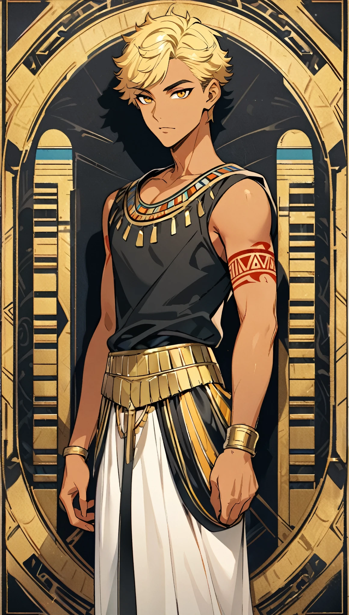 Egyptian Background，Handsome young man, blond, Orange Eyes, short hair, Black Hoodie,high quality, Draw Amount, pixiv illustrations，Tanned skin，Red tattoo on the arm，(Egyptian style，Egyptian Dress Up)