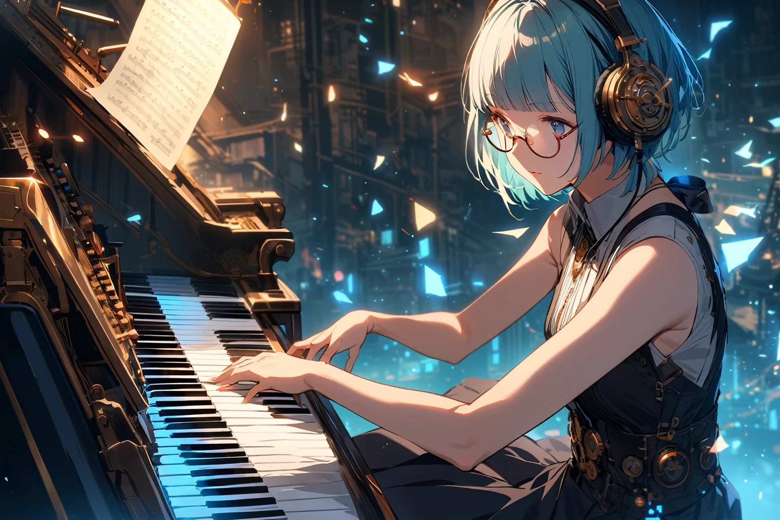 (extremely detailed fine touch:1.3), (((semi-rimless round eyewear:1.3))), (headphone:1.2), short hair, blunt bangs, 1girl, solo, elegant dress, bare arms, steampunk, futuristic, playing_piano, steampunk-inspired_piano, blue_glowing_tones, glowing_elements, musical_notes,