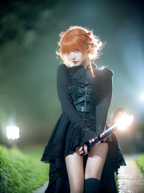 15 year old girl, Lovely, orange hair, very short, Very curly, slim, flat bust, with freckles on the face, with slavic features, with long sleeve black dress, whole body, shows her legs, in the castle garden, at night, holding a sword in his hand