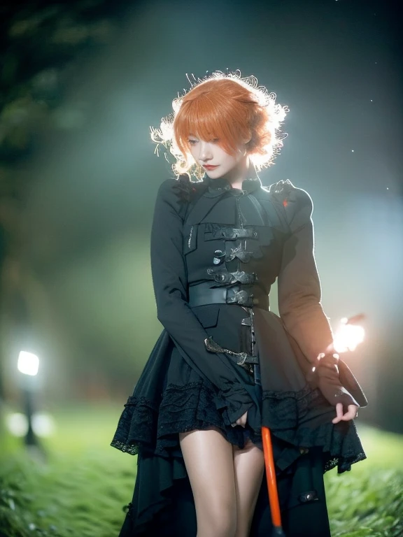 15 year old girl, Lovely, orange hair, very short, Very curly, slim, flat bust, with freckles on the face, with slavic features, with long sleeve black dress, whole body, shows her legs, in the castle garden, at night, holding a sword in his hand