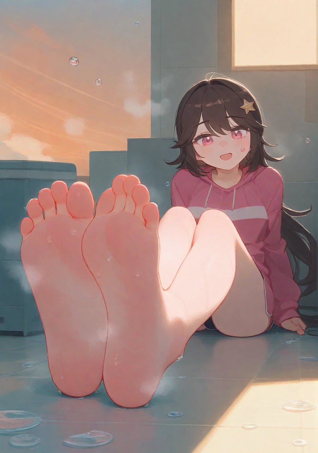 wallpaper,hoodie,The background is in the room, Long hair,best quality, Very detailed, masterpiece, Extremely detailed, illustration, Sky,Foot Focus, giggle, barefoot,Stinky feet,Steam around feet,脚底Sweating很多,There are a lot of water drops on the soles of feet,Water dripping from the soles of feet,Sweating all over,Sweating,Pink Eyes,Sweatshirt,Brown hair,There is a cute five-pointed star hairpin in the hair,There is a pair of sneakers on the ground on the right side of the screen,Steam around shoes