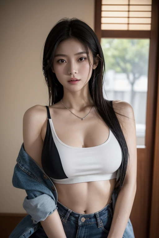 (Highest quality,Masterpiece),cinema,Lift your shirt,Japanese model,30 years old,,Fascinating appearance,Fine nose,detailed lips,drawn on the waist,big ,wet body,black tank top,Navel expulsion,abdomen,Tight waist,Breast cleavage,invite,Very neat necklace.,penetration,