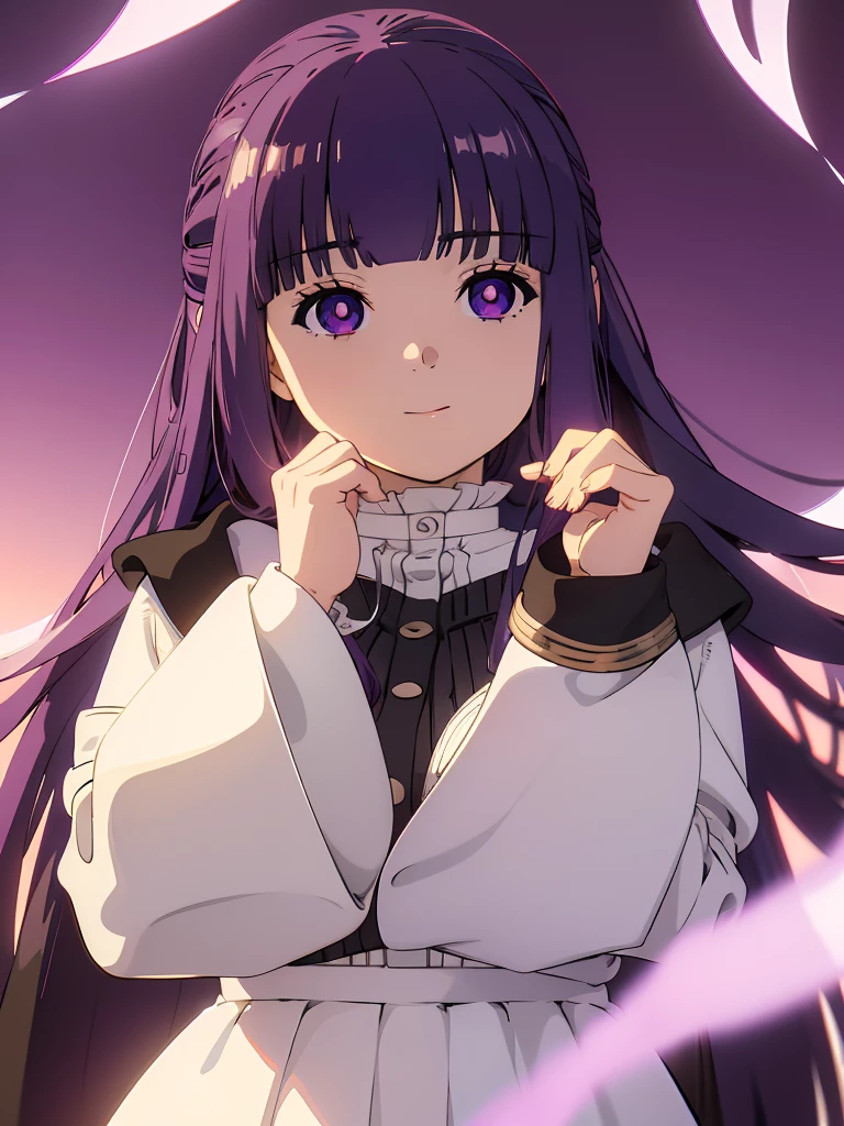 è²ä¼¦,1girl,solo,purple hair,long hair,purple eyes,blunt bangs,sidelocks,half updo,bright pupils, hair ornament,frilled collar,black robe,white dress,center frills,buttons,wide sleeves,long sleeves,curvy,cowboy shot,brown coat,from side,smile,, Exquisite visuals, high-definition,masterpiece,best quality,, 20yo,Young female,Beautiful Finger,Beautiful long legs,Beautiful body,Beautiful Nose,Beautiful character design, perfect eyes, perfect face,expressive eyes, looking at viewer, official art,extremely detailed CG unity 8k wallpaper, perfect lighting,Colorful, Bright_Front_face_Lighting,shiny skin, (masterpiece:1.0),(best_quality:1.0), ultra high res,4K,ultra-detailed, photography, 8K, HDR, highres, absurdres:1.2, Kodak portra 400, film grain, blurry background, bokeh:1.2, lens flare, (vibrant_color:1.2), (beautiful_face:1.5),(narrow_waist), 