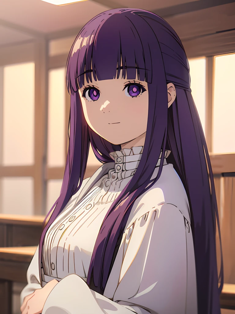è²ä¼¦,1girl,solo,purple hair,long hair,purple eyes,blunt bangs,sidelocks,half updo,bright pupils, hair ornament,frilled collar,black robe,white dress,center frills,buttons,wide sleeves,long sleeves,curvy,cowboy shot,brown coat,from side,smile,, Exquisite visuals, high-definition,masterpiece,best quality,, 20yo,Young female,Beautiful Finger,Beautiful long legs,Beautiful body,Beautiful Nose,Beautiful character design, perfect eyes, perfect face,expressive eyes, looking at viewer, official art,extremely detailed CG unity 8k wallpaper, perfect lighting,Colorful, Bright_Front_face_Lighting,shiny skin, (masterpiece:1.0),(best_quality:1.0), ultra high res,4K,ultra-detailed, photography, 8K, HDR, highres, absurdres:1.2, Kodak portra 400, film grain, blurry background, bokeh:1.2, lens flare, (vibrant_color:1.2), (beautiful_face:1.5),(narrow_waist),