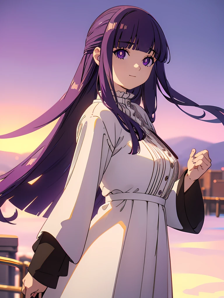 è²ä¼¦,1girl,solo,purple hair,long hair,purple eyes,blunt bangs,sidelocks,half updo,bright pupils, hair ornament,frilled collar,black robe,white dress,center frills,buttons,wide sleeves,long sleeves,curvy,cowboy shot,brown coat,from side,smile,, Exquisite visuals, high-definition,masterpiece,best quality,, 20yo,Young female,Beautiful Finger,Beautiful long legs,Beautiful body,Beautiful Nose,Beautiful character design, perfect eyes, perfect face,expressive eyes, looking at viewer, official art,extremely detailed CG unity 8k wallpaper, perfect lighting,Colorful, Bright_Front_face_Lighting,shiny skin, (masterpiece:1.0),(best_quality:1.0), ultra high res,4K,ultra-detailed, photography, 8K, HDR, highres, absurdres:1.2, Kodak portra 400, film grain, blurry background, bokeh:1.2, lens flare, (vibrant_color:1.2), (beautiful_face:1.5),(narrow_waist),