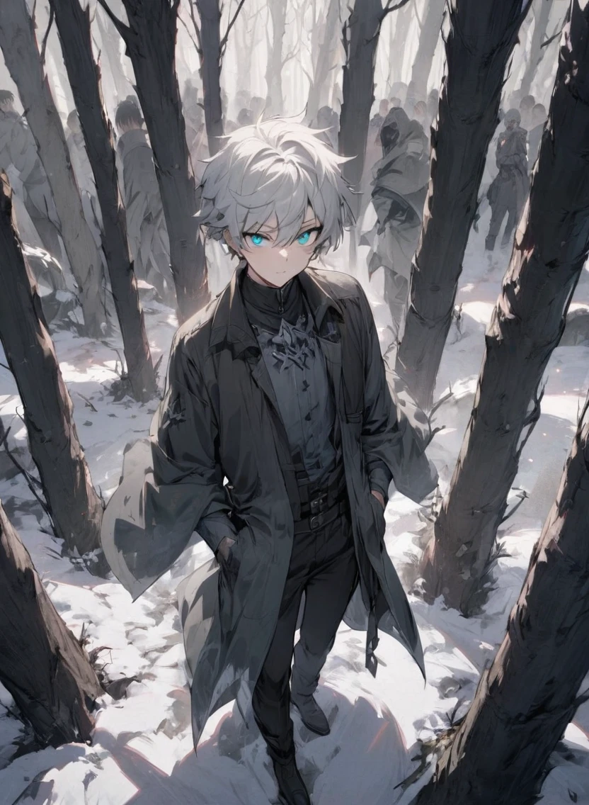 young man ,Male Dark, dark Woods, cold gray colors, man white hair with blue eye have pandaeyes, Warlock dnd , Skeleton army in background