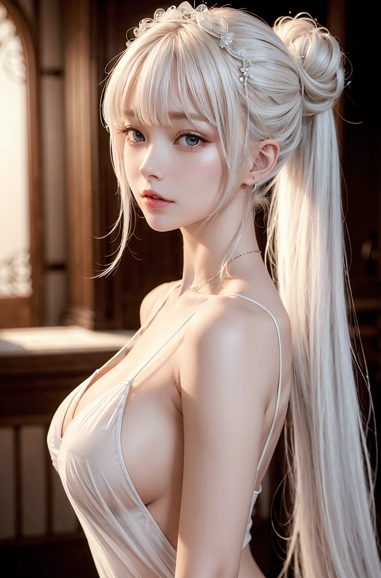 masterpiece, 1 beautiful girl, Delicate eyes, Purebred face_v1, Top quality, Ultra high resolution, (Reality: 1.4), Japanese, Korean, very beautiful, Beautiful skin, slim, (超Reality), (high resolution), (8K), (Very detailed), Delicate face, Bright Lights, Professional lighting, Looking at the audience, Face straight ahead, White backless see-through dress,big nipples, Platinum Hair, Long hair,hair tied back, bun hairstyle, Bangs,hair accessories,