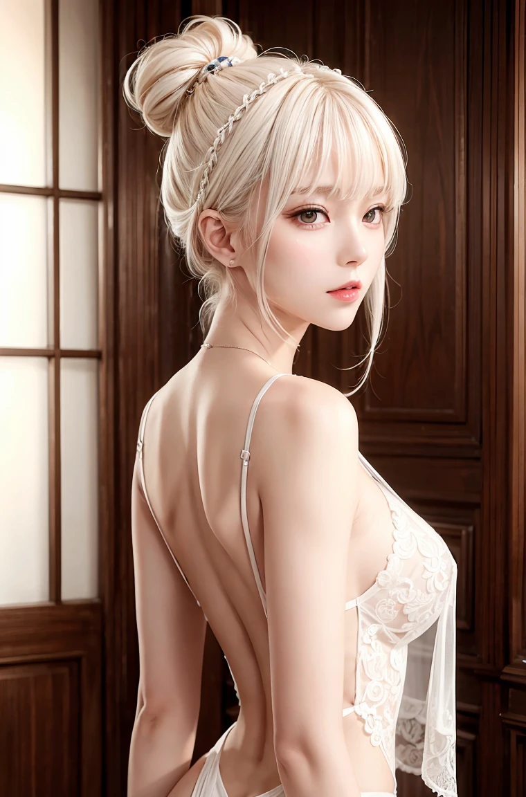 masterpiece, 1 beautiful girl, Delicate eyes, Purebred face_v1, Top quality, Ultra high resolution, (Reality: 1.4), Japanese, Korean, very beautiful, Beautiful skin, slim, (超Reality), (high resolution), (8K), (Very detailed), Delicate face, Bright Lights, Professional lighting, Looking at the audience, Face straight ahead, White backless see-through dress,big nipples, Platinum Hair, Long hair,hair tied back, bun hairstyle, Bangs,hair accessories,