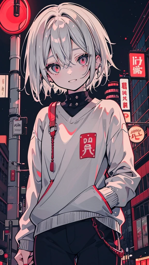 a picture of a women 25 years old short white hair standing in front of a red light, happy face, Candid Photography, Gray-haired deity, dynamic poses, Gray-haired girl, Crushing Despair, Flowing white hair, short Hair Anime Girl, perfect Gray-haired girl,