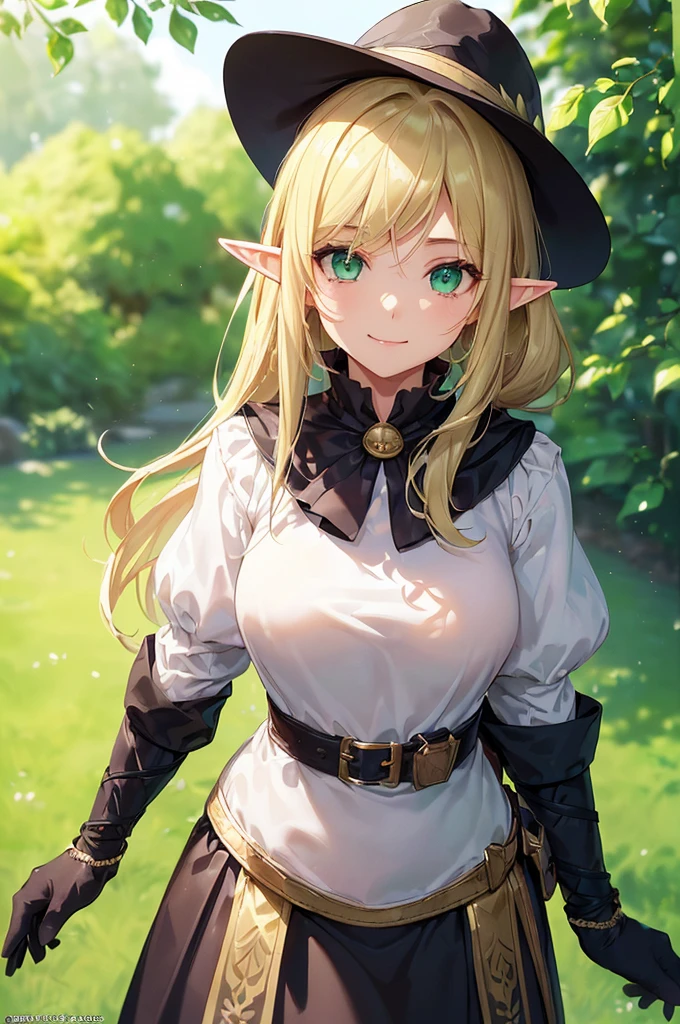 (((masterpiece; best quality: 1.2))), (finely detailed eyes: 1.3), (25 year old elf woman), (solo), (green eyes: 1.4), (body; buxom, fit, femenine: 1.3), (silky blonde hair in low ponytail: 1.3), (beautiful and clear background: 1.2), ((depth of field)), (equipment: adventurer attire + modest + elegant wide-brimmed hat + dark blouse + dark cape + black long skirt + gloves + belt + pouches: 1.3), (anime illustration: 1.2), (background composition; royal garden: 1.1), (extremely fine and beautiful: 1.1), (shot composition; standing + centered on torso + close-up: 1.5), (expression; calm, smile: 1.2)