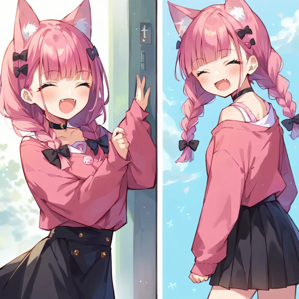 score_9, score_8_up, score_7_up, score_6_up, score_5_up, score_4_up, source_anime, clip skip:2
,Top quality, masterpiece, chibi character, animal ear girl, peal purple and blunt bangs hair, twin braids, eyes closed, mouth wide open and screaming, blushing, smilng,fangs,(a girl with closs hair pin,
pink shirt,cosplay, jirai kei, bangs, black skirt, black bow, looking at viewer, bow, long sleeves, choker, ribbon,portrait shot :1.4),From the side, she is wearing square headphones over her ears, and the Marshall logo,Walking slowly through Shibuya at sunset, looking down, fullbody shot,